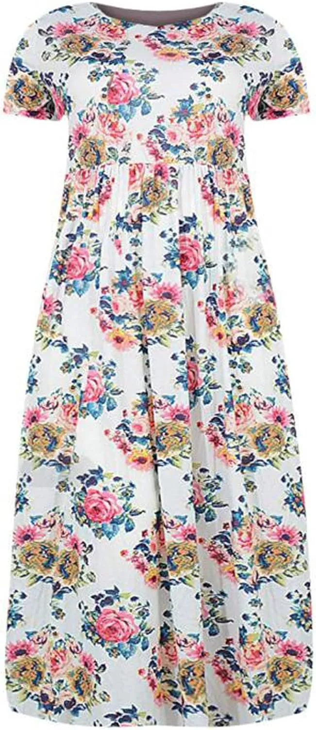 Plus Size Dresses for Women Funny Floral Printed Short Sleeve Casual Maxi Dress Round Neck Pleated Vacation Dresses