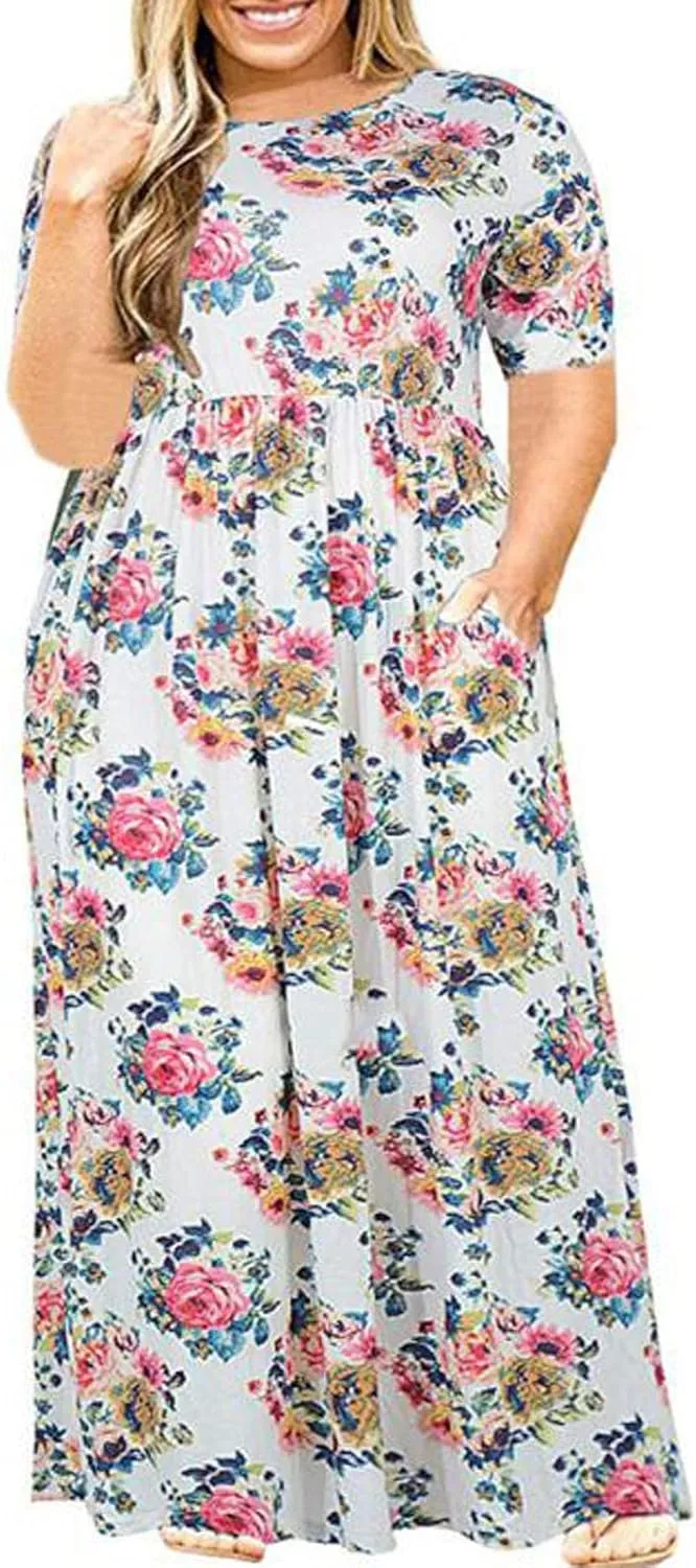 Plus Size Dresses for Women Funny Floral Printed Short Sleeve Casual Maxi Dress Round Neck Pleated Vacation Dresses