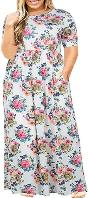 Plus Size Dresses for Women Funny Floral Printed Short Sleeve Casual Maxi Dress Round Neck Pleated Vacation Dresses