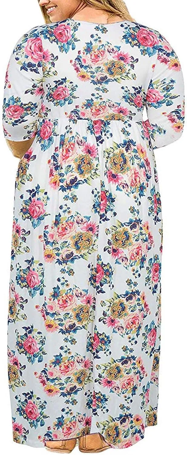 Plus Size Dresses for Women Funny Floral Printed Short Sleeve Casual Maxi Dress Round Neck Pleated Vacation Dresses