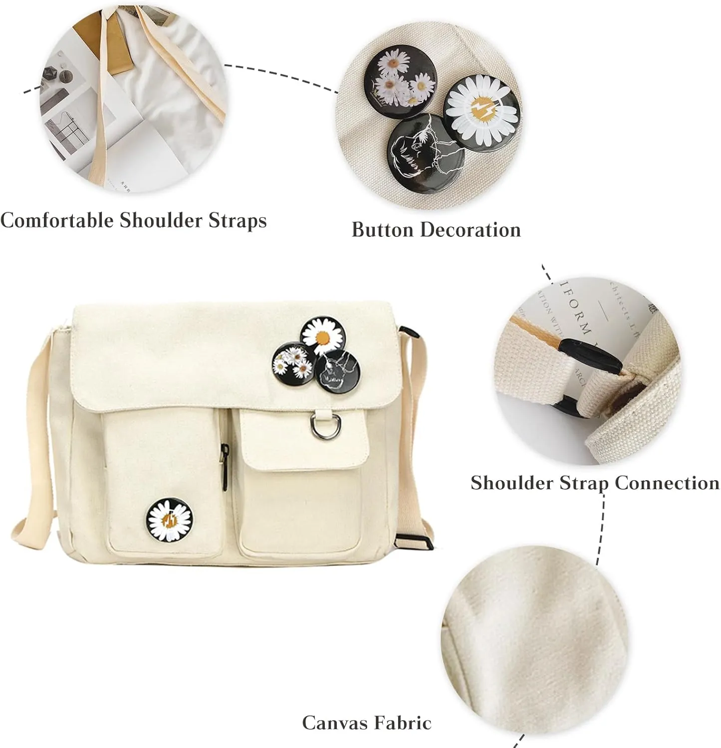 PORRASSO Casual Crossbody Bag Women Canvas Shoulder Bag Satchel Ladies Messenger Bag for Work Travel Daily Use White