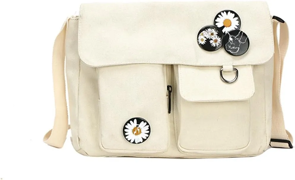PORRASSO Casual Crossbody Bag Women Canvas Shoulder Bag Satchel Ladies Messenger Bag for Work Travel Daily Use White