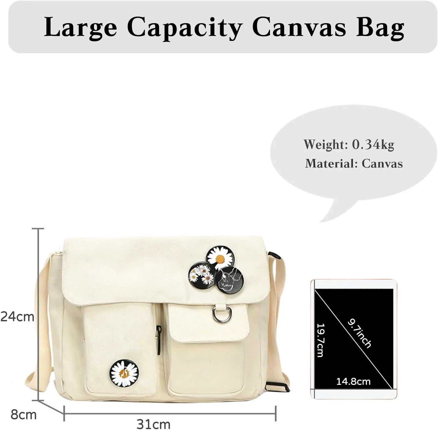 PORRASSO Casual Crossbody Bag Women Canvas Shoulder Bag Satchel Ladies Messenger Bag for Work Travel Daily Use White