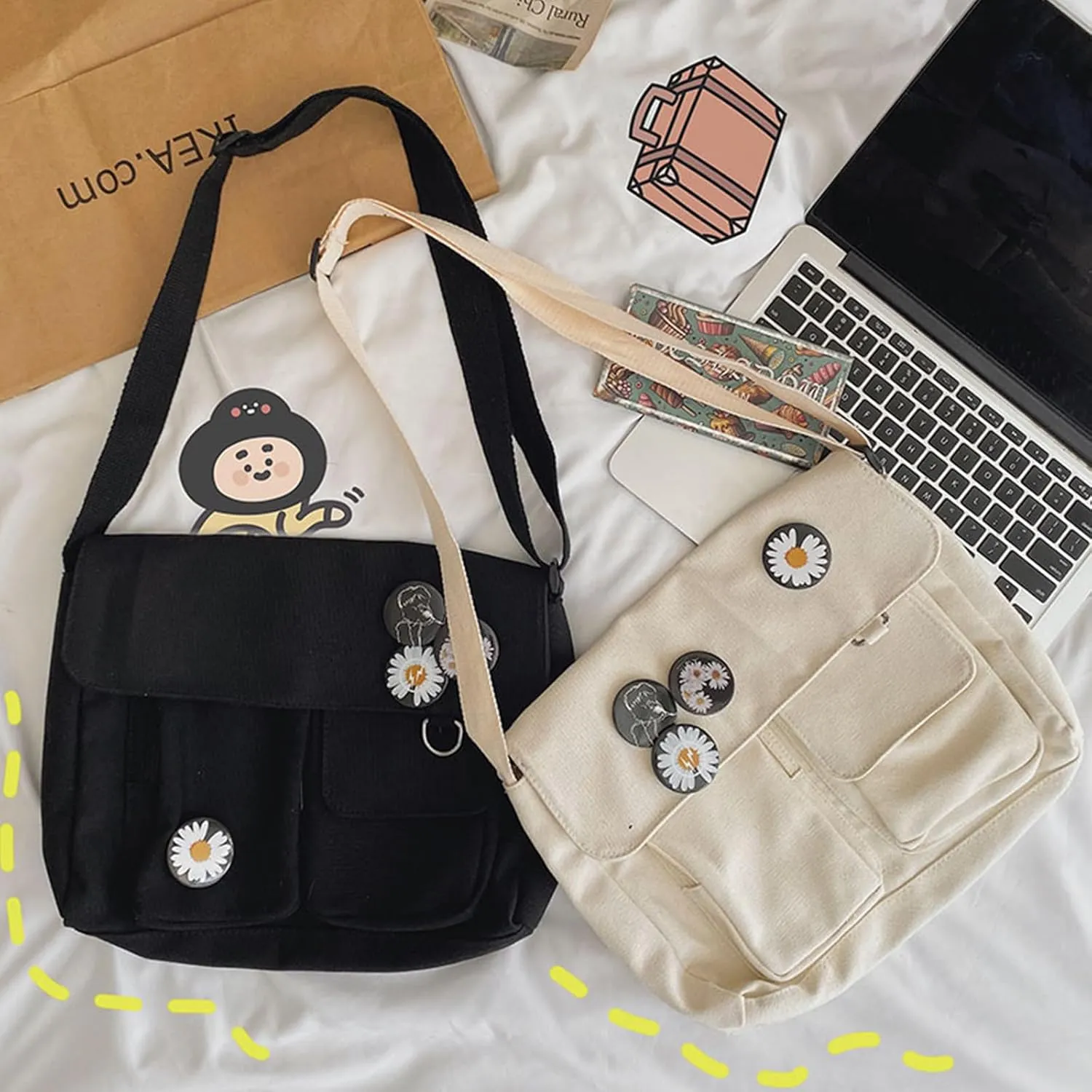 PORRASSO Casual Crossbody Bag Women Canvas Shoulder Bag Satchel Ladies Messenger Bag for Work Travel Daily Use White