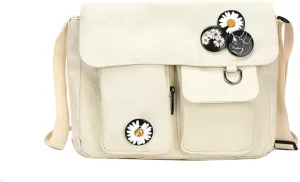 PORRASSO Casual Crossbody Bag Women Canvas Shoulder Bag Satchel Ladies Messenger Bag for Work Travel Daily Use White