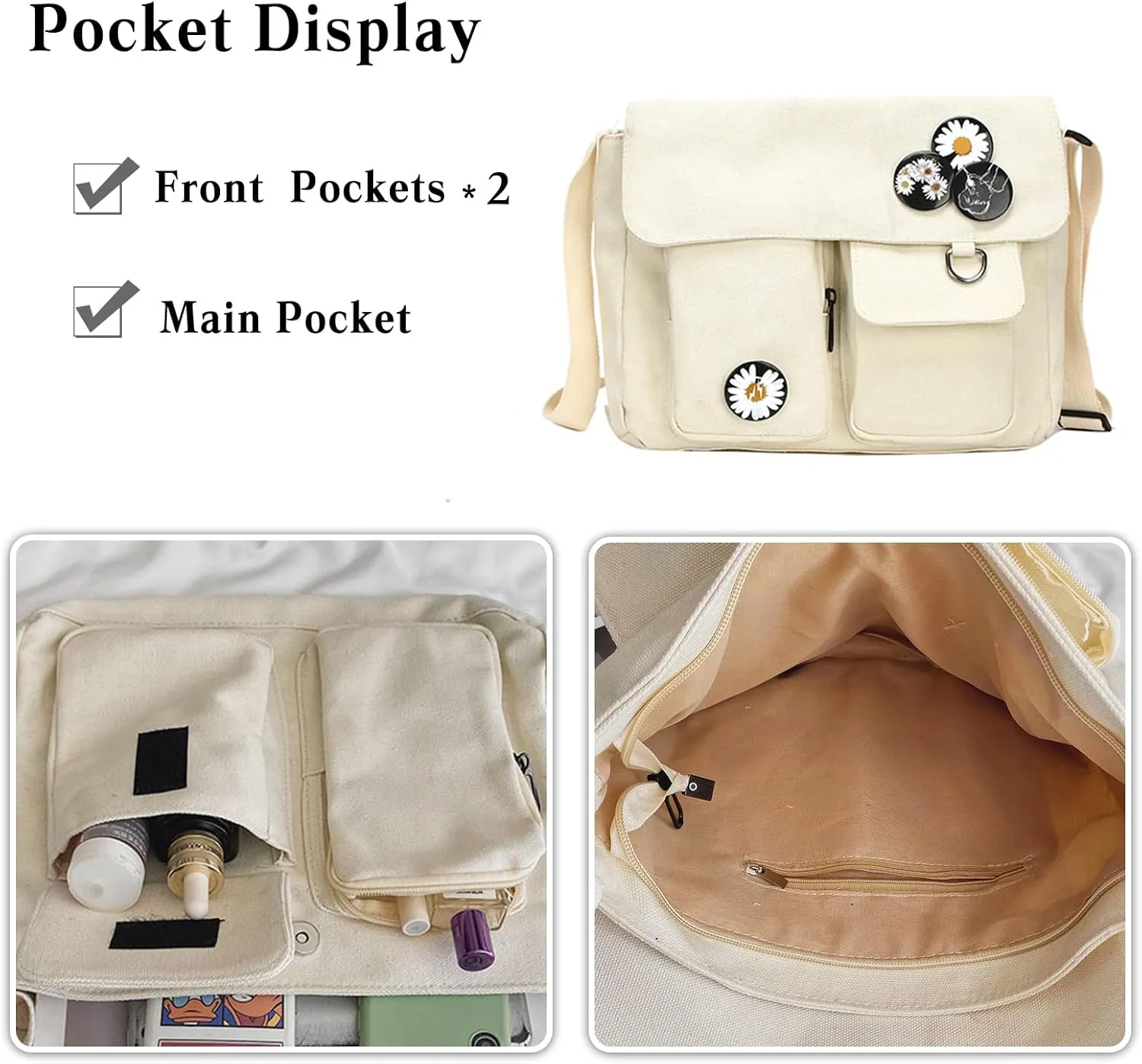 PORRASSO Casual Crossbody Bag Women Canvas Shoulder Bag Satchel Ladies Messenger Bag for Work Travel Daily Use White