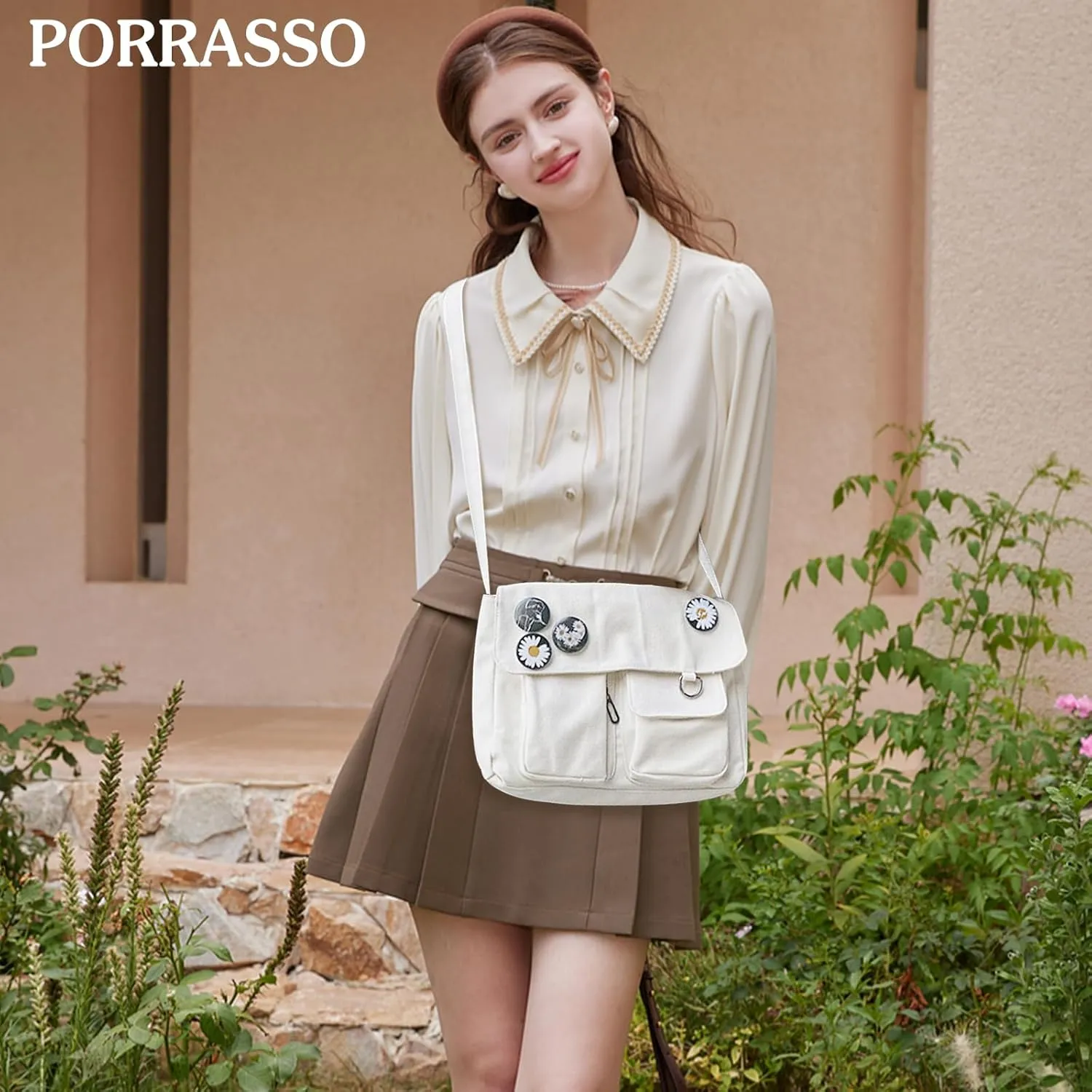 PORRASSO Casual Crossbody Bag Women Canvas Shoulder Bag Satchel Ladies Messenger Bag for Work Travel Daily Use White