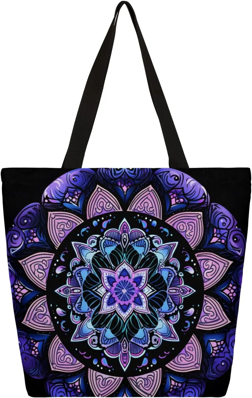 Purple Mandala Large Capacity Canvas Tote Bag Stylish Handheld Shoulder Bag Reusable Shopping Bag for Work Travel Beach Trips Shopping