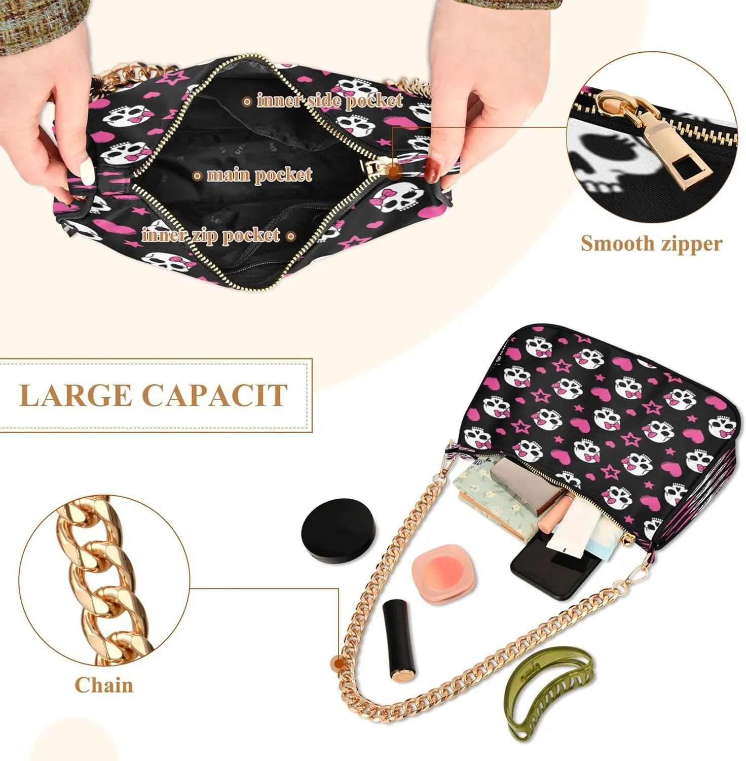 Purple Music Notes Polka Dot Retro Formal Purse Women Clutch Handbag Cute Prints Shoulder Tote
