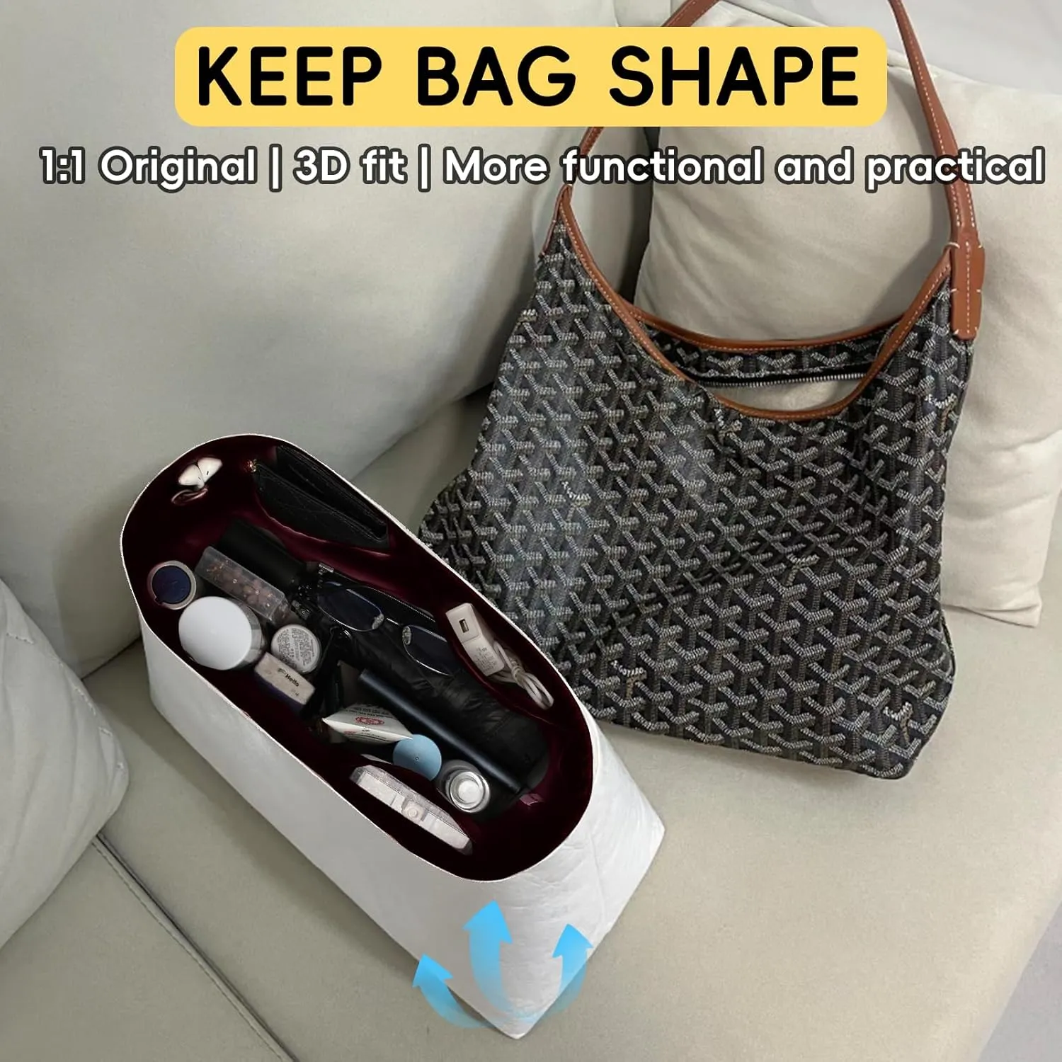 Purse Organizer Insert for Handbag Tyvek Paper Inner Bag Organizers Compatible with Goyard Hobo Bag with Practical Pockets (Brodeaux Red, Hobo)