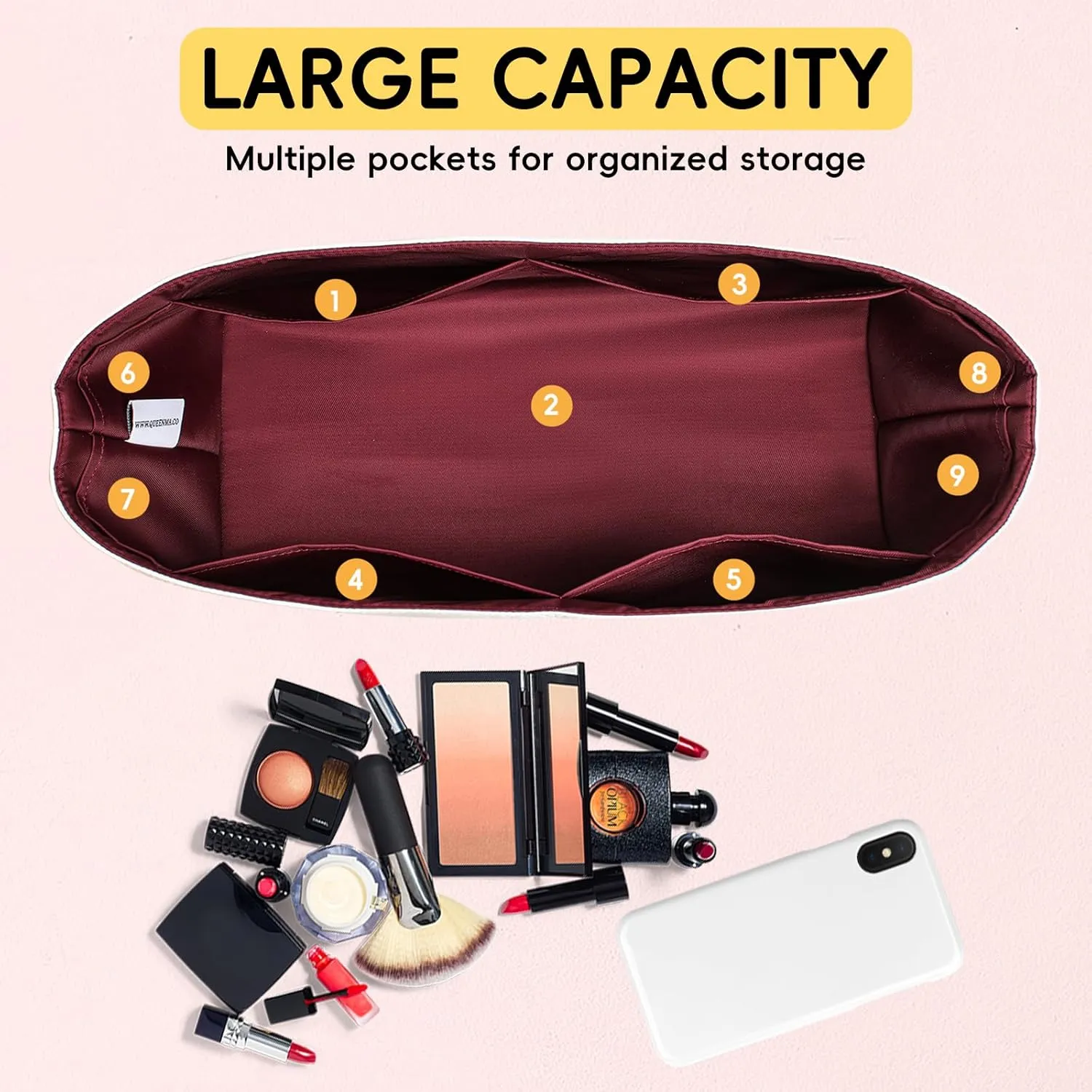 Purse Organizer Insert for Handbag Tyvek Paper Inner Bag Organizers Compatible with Goyard Hobo Bag with Practical Pockets (Brodeaux Red, Hobo)