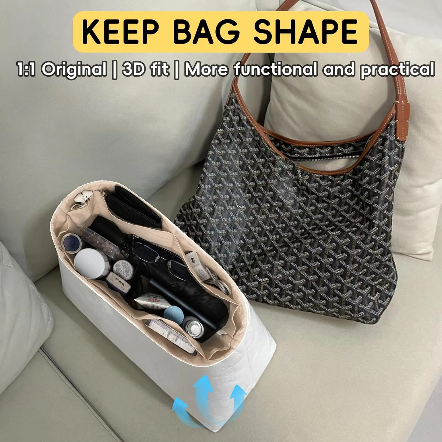 Purse Organizer Insert for Handbag Tyvek Paper Inner Bag Organizers Compatible with Goyard Hobo Bag with Practical Pockets (Craie,Hobo)