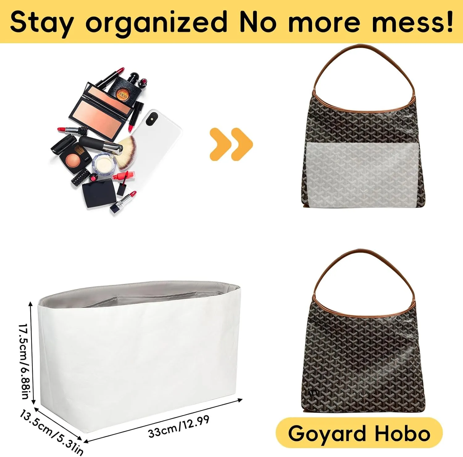 Purse Organizer Insert for Handbag Tyvek Paper Inner Bag Organizers Compatible with Goyard Hobo Bag with Practical Pockets (Etain,Hobo)