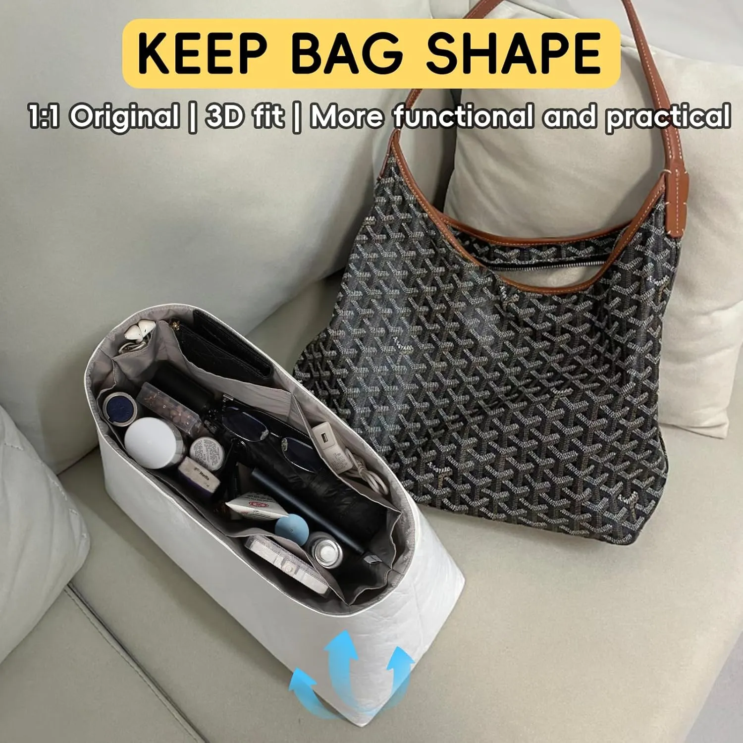 Purse Organizer Insert for Handbag Tyvek Paper Inner Bag Organizers Compatible with Goyard Hobo Bag with Practical Pockets (Etain,Hobo)