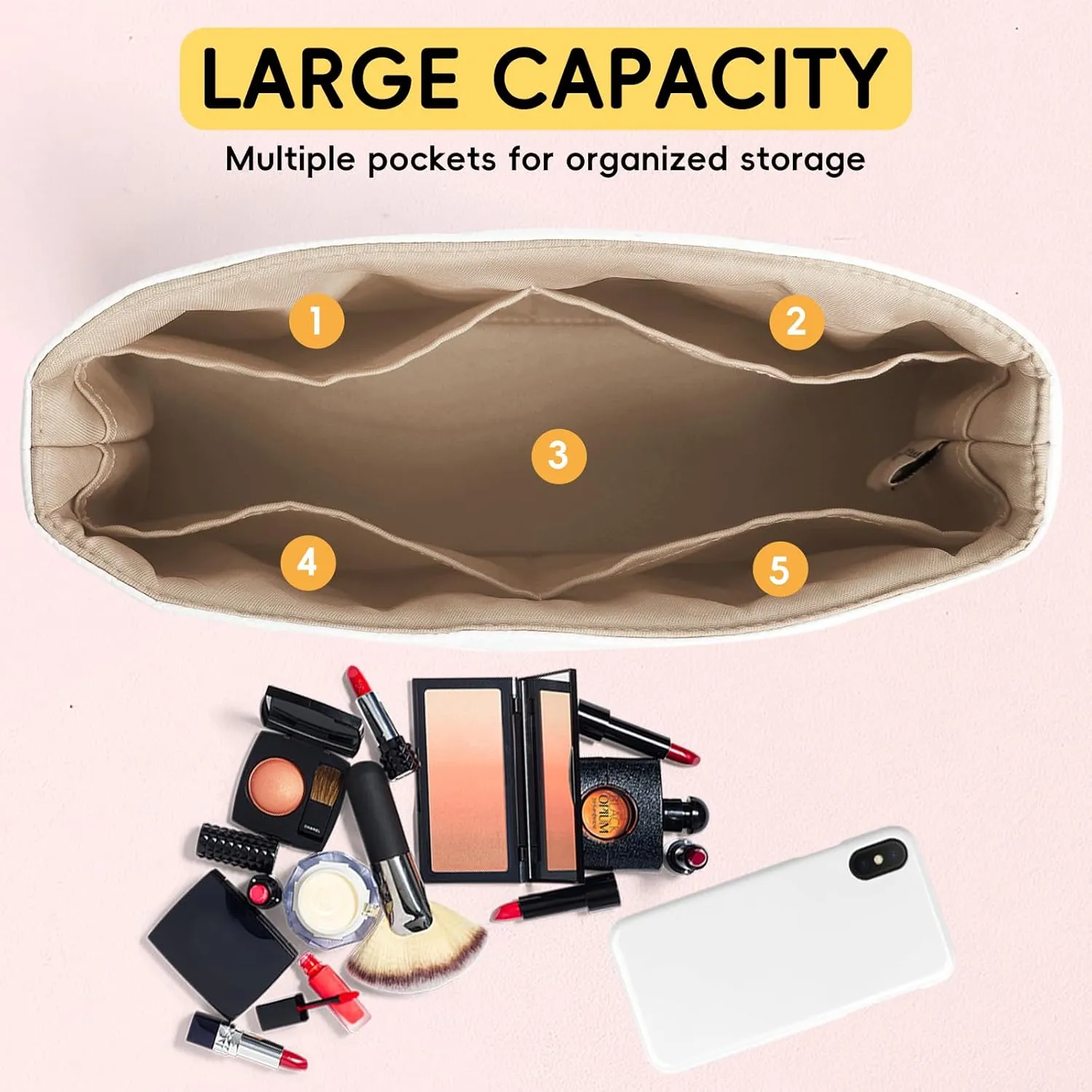 Purse Organizer Insert for Tote Handbags TYVEK Paper Inner Bag Organizers Compatible with LV Neonoe MM Bags,with Practical Pockets(Toffe,MM,2 Pack)