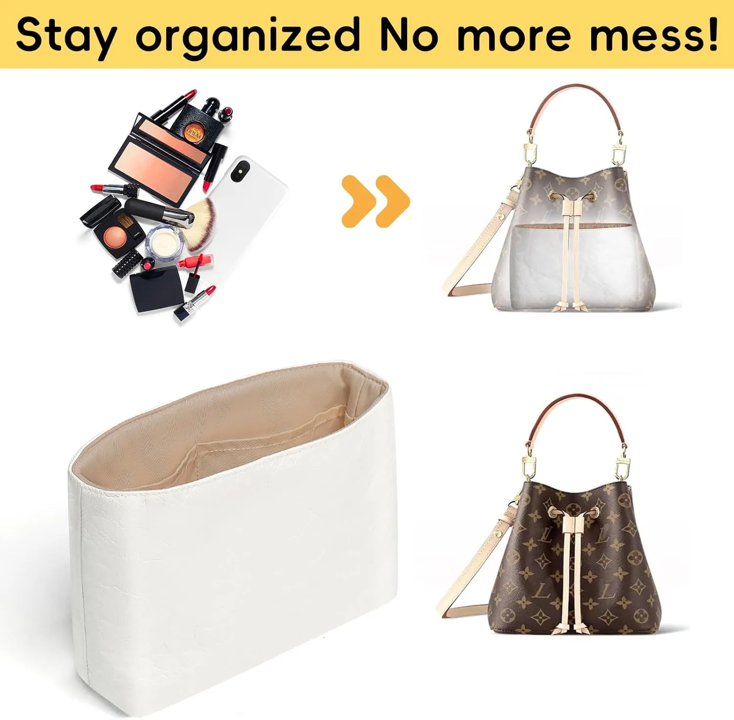 Purse Organizer Insert for Tote Handbags TYVEK Paper Inner Bag Organizers Compatible with LV Neonoe MM Bags,with Practical Pockets(Toffe,MM,2 Pack)