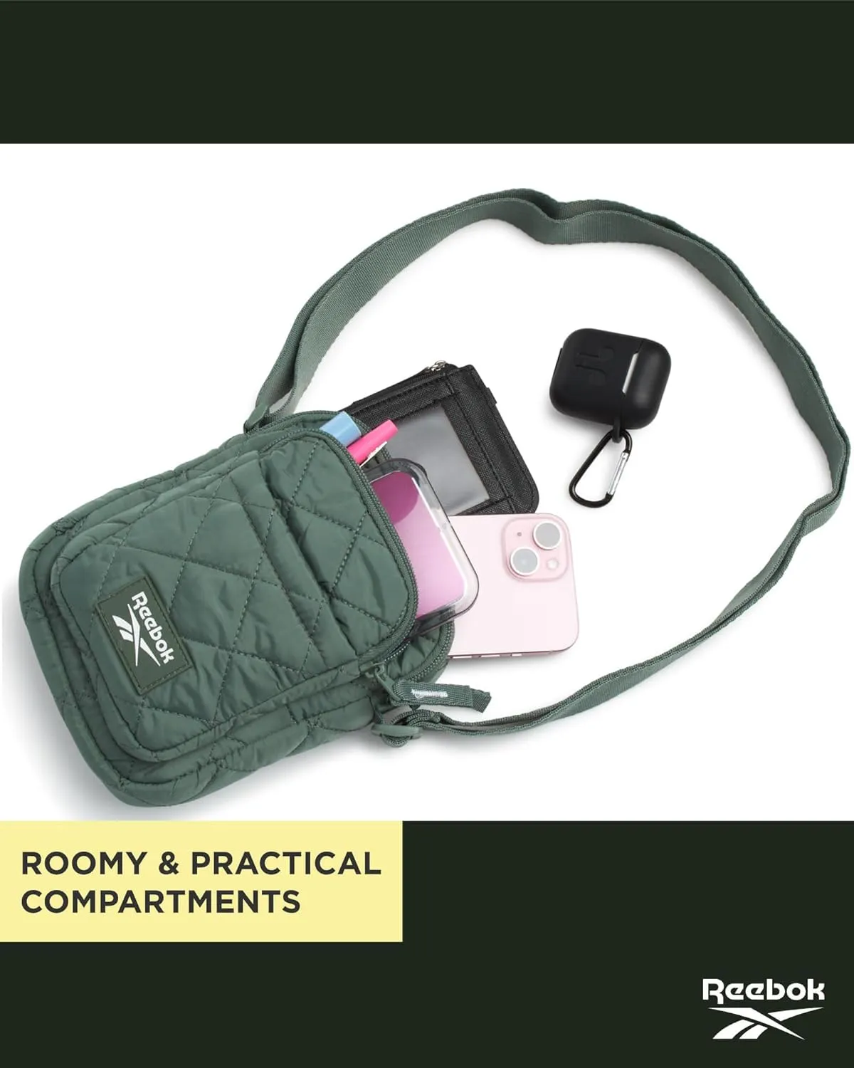 Reebok Womens Crossbody Bags - Lightweight Sling Cell Phone Purse, Quilted Small Crossbody Bags Women