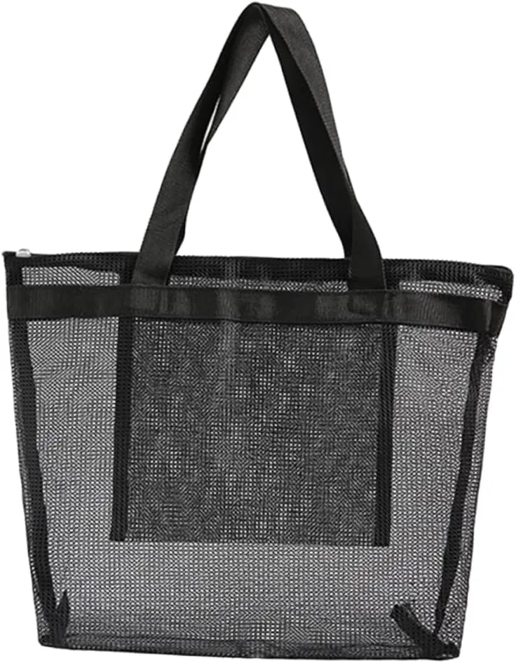 Reusable Mesh Tote for Beach Large Shopping Bag Dry Wet Separation Bag Polyester Net Shoulder Black