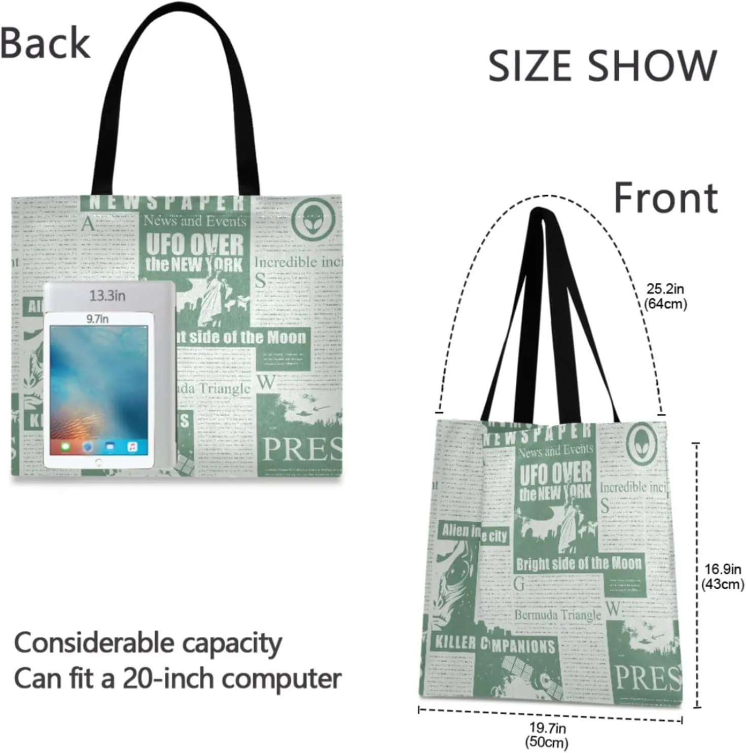 Reusable Square Canvas Tote Bag Lightweight Durable with Zipper Perfect for Work Travel Beach Gym Shopping