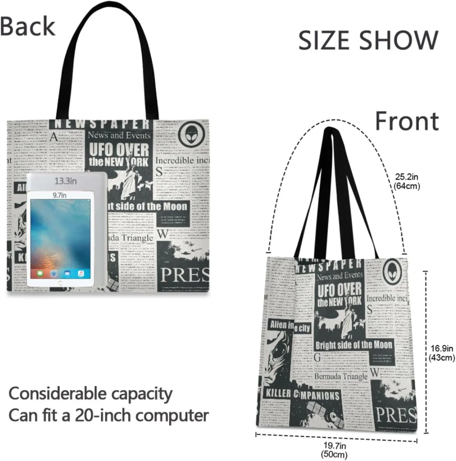 Reusable Square Canvas Tote Bag Lightweight Durable with Zipper Perfect for Work Travel Beach Gym Shopping