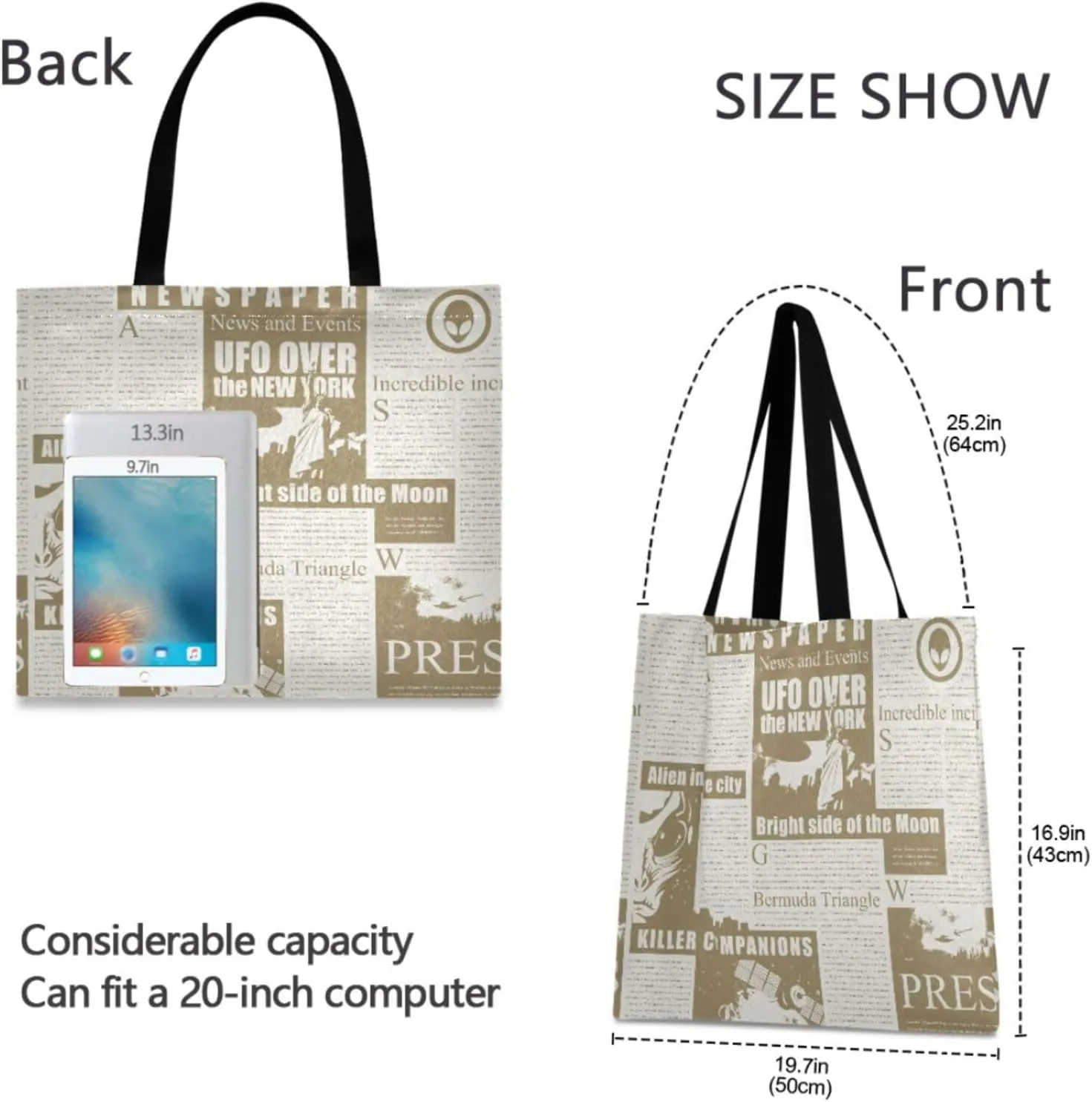Reusable Square Canvas Tote Bag Lightweight Durable with Zipper Perfect for Work Travel Beach Gym Shopping