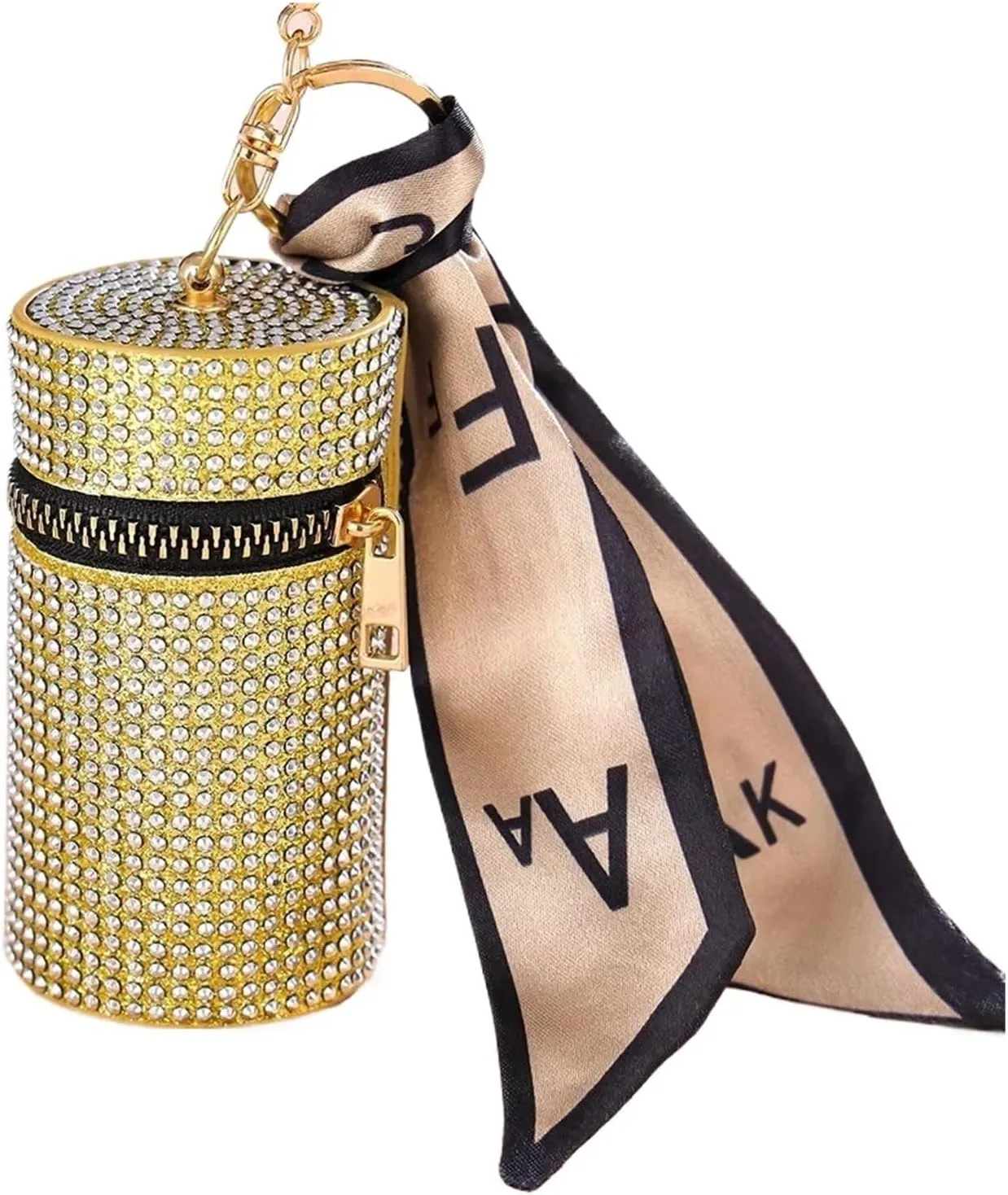 Rhinestone Purse Cylindrical Mini Rhinestone Lipstick Bag With Silk Scarf Keychain Women Portable Zipper Coin Purse Coin Bag(Gold)