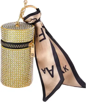 Rhinestone Purse Cylindrical Mini Rhinestone Lipstick Bag With Silk Scarf Keychain Women Portable Zipper Coin Purse Coin Bag(Gold)