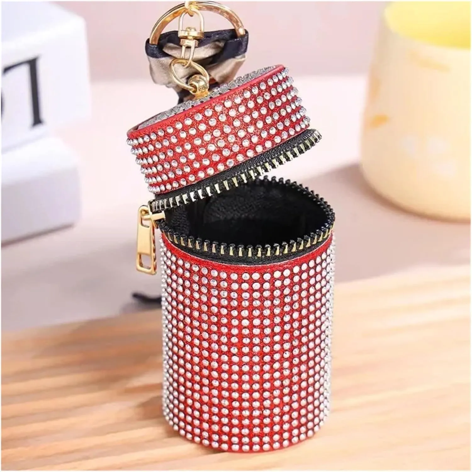 Rhinestone Purse Cylindrical Mini Rhinestone Lipstick Bag With Silk Scarf Keychain Women Portable Zipper Coin Purse Coin Bag(Gold)