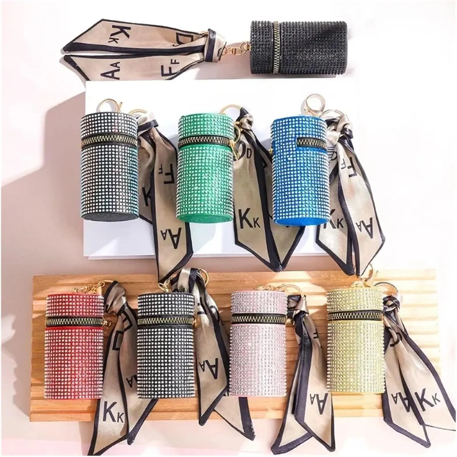 Rhinestone Purse Cylindrical Mini Rhinestone Lipstick Bag With Silk Scarf Keychain Women Portable Zipper Coin Purse Coin Bag(Gold)