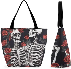 Rose And Skeleton Shopping Bag for Ladies Reusable Shopping Bagstote Bag Stylish Waterproof Oxford Cloth Ladies Shoulder Bag for Work Shopping