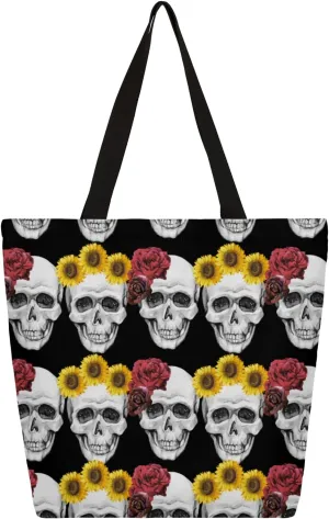Rose Sunflower Skulls Large Capacity Canvas Tote Bag Stylish Handheld Shoulder Bag Reusable Shopping Bag for Work Travel Beach Trips Shopping