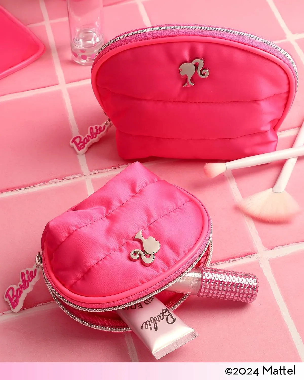 SALLY ROSE Barbie Pink Makeup Bag Set Official License, Quilted Large and Small Cosmetic Travel Bag, Cute Make Up Bags