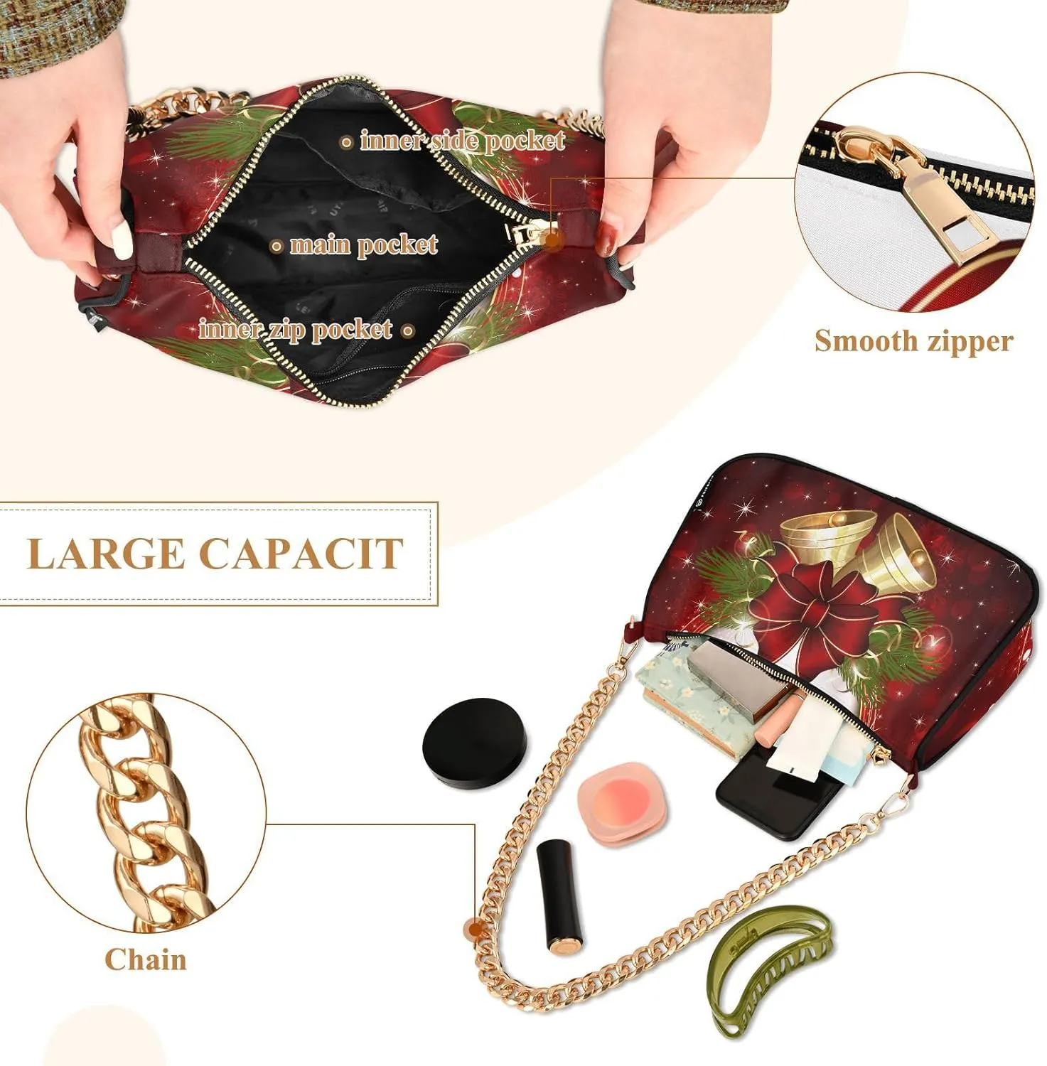 Shoulder Bags for Women, Merry Christmas Bells Hobo Tote Handbag wallet Mini Purse with Zipper