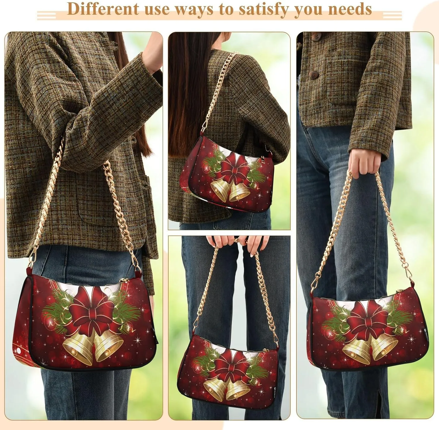 Shoulder Bags for Women, Merry Christmas Bells Hobo Tote Handbag wallet Mini Purse with Zipper