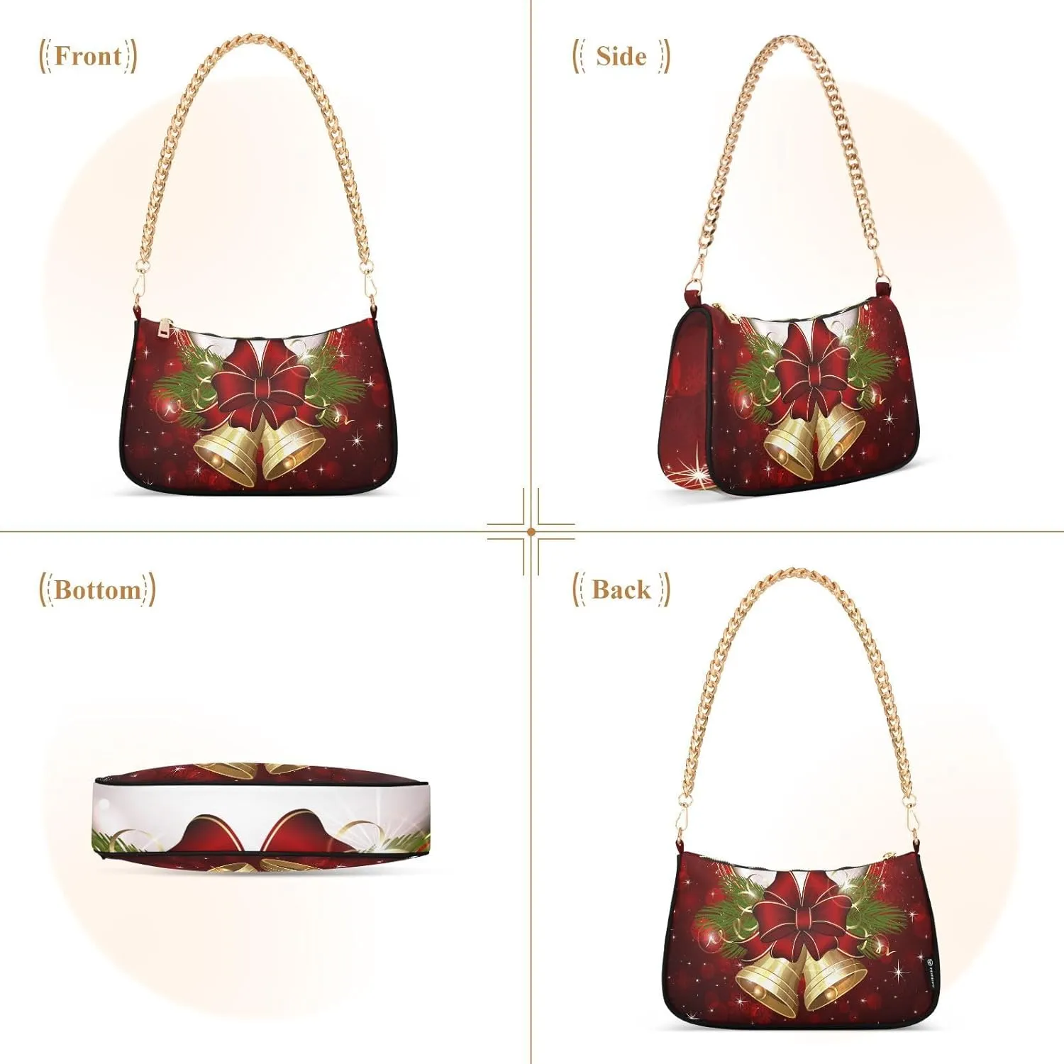 Shoulder Bags for Women, Merry Christmas Bells Hobo Tote Handbag wallet Mini Purse with Zipper