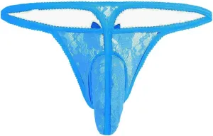 Sissy Panties Femboy Mesh Lace G-String Thongs Bow Knot Briefs Low Waist Underwear Bulge Pouch Underpants for Men Blue