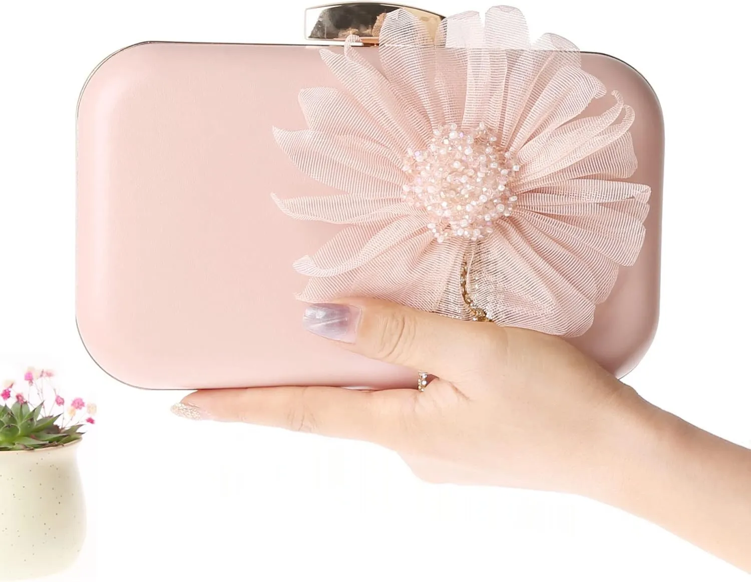 SJSfashion Flower Clutch Purse with crystal trimming Floral Evening Wedding Bag Bridal shoulder Handbag