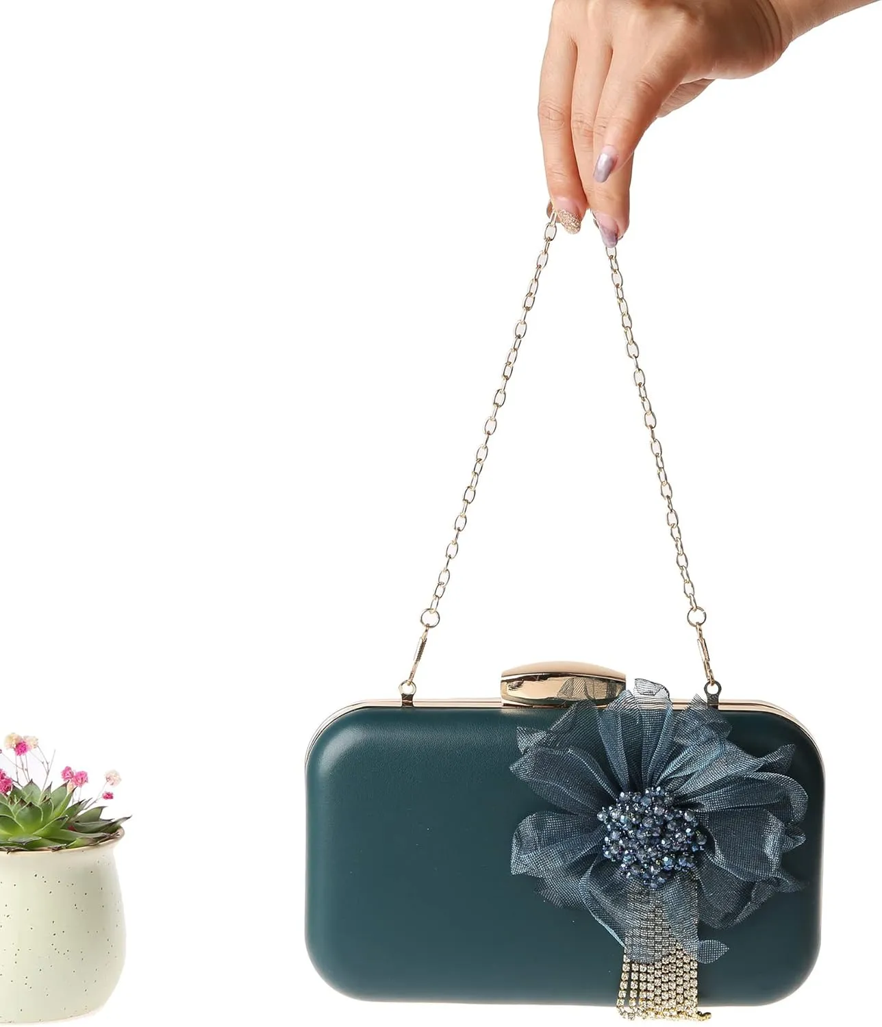 SJSfashion Flower Clutch Purse with crystal trimming Floral Evening Wedding Bag Bridal shoulder Handbag