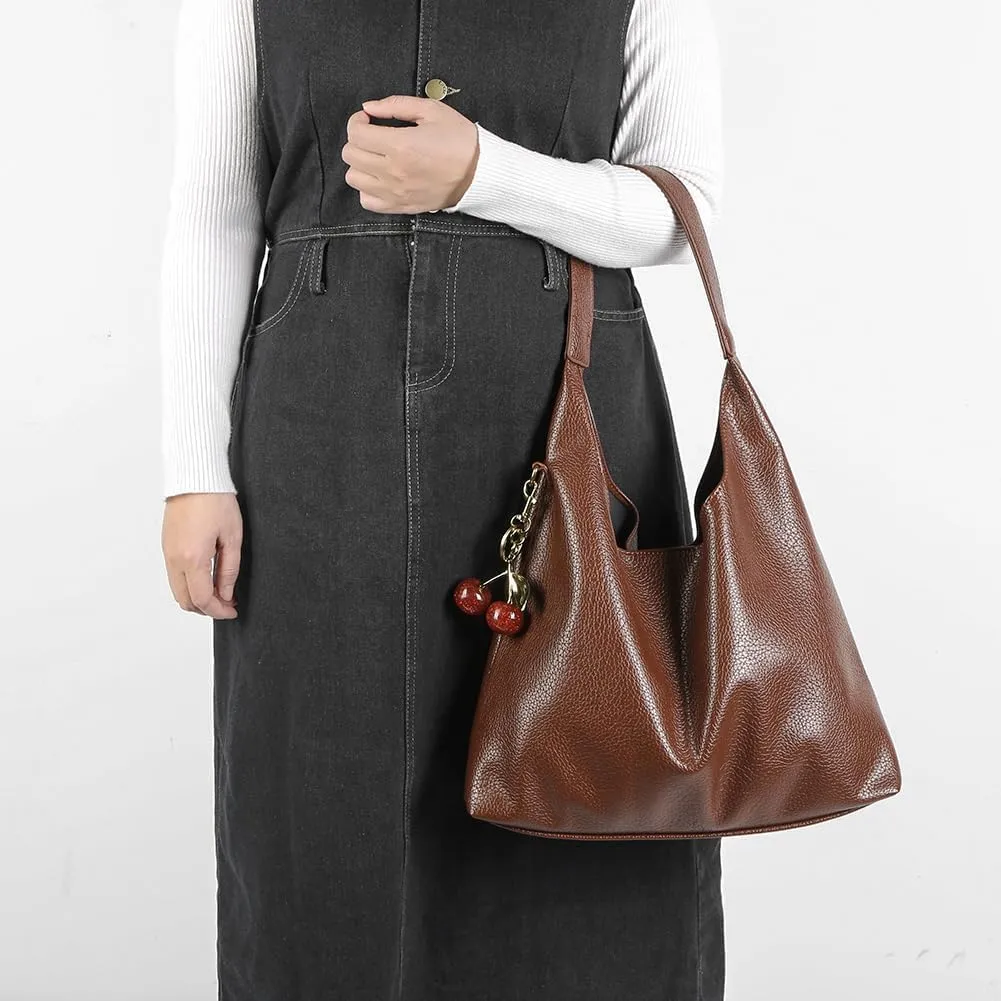 Slouchy Hobo Bags for Women, Large Capacity PU Leather Soft Commuting Bag with Cherry Pendant Stylish Top Handle Bag