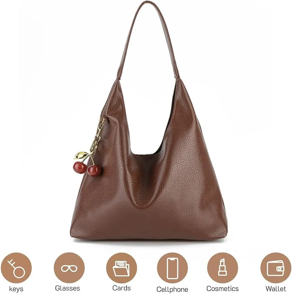 Slouchy Hobo Bags for Women, Large Capacity PU Leather Soft Commuting Bag with Cherry Pendant Stylish Top Handle Bag