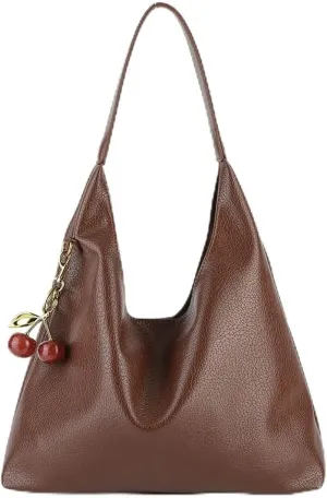Slouchy Hobo Bags for Women, Large Capacity PU Leather Soft Commuting Bag with Cherry Pendant Stylish Top Handle Bag