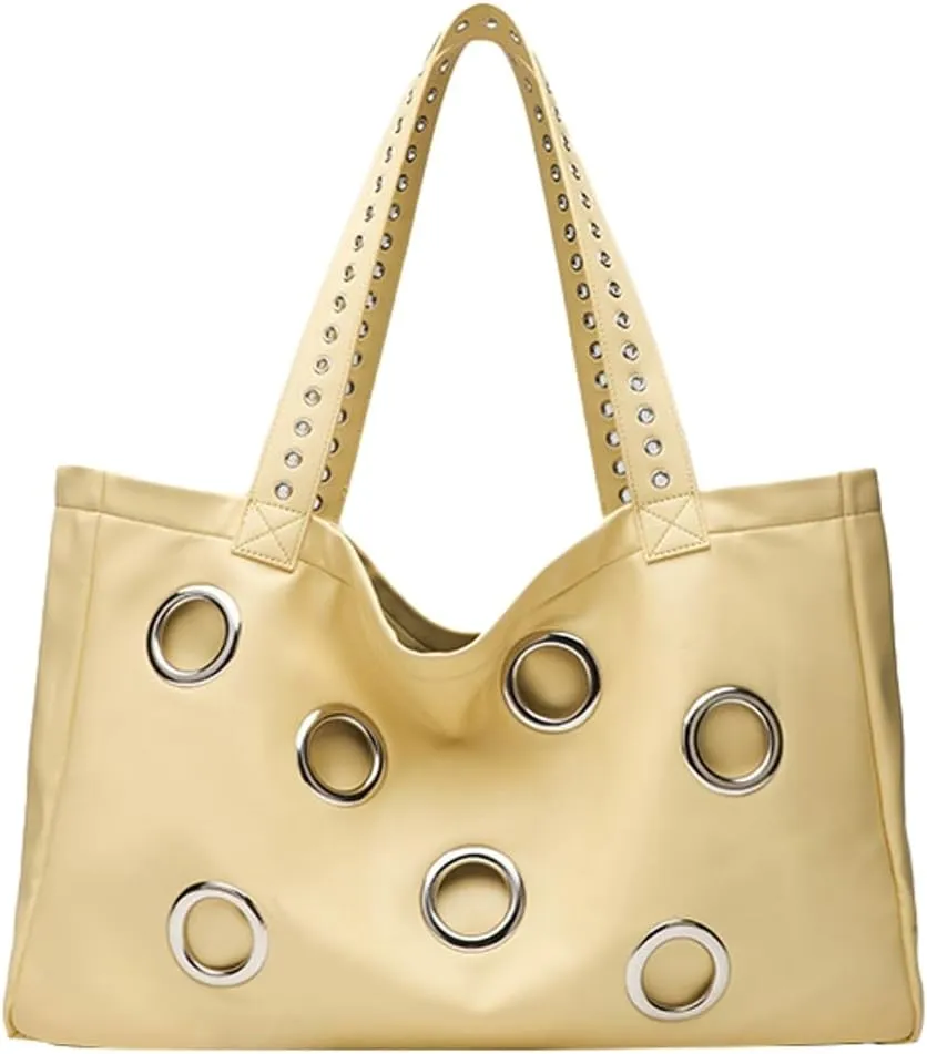 Soft Vegan Leather Tote Bag Large Studded Purses for Women Y2K Handbags Hollow Stud Shoulder Satchels 2025