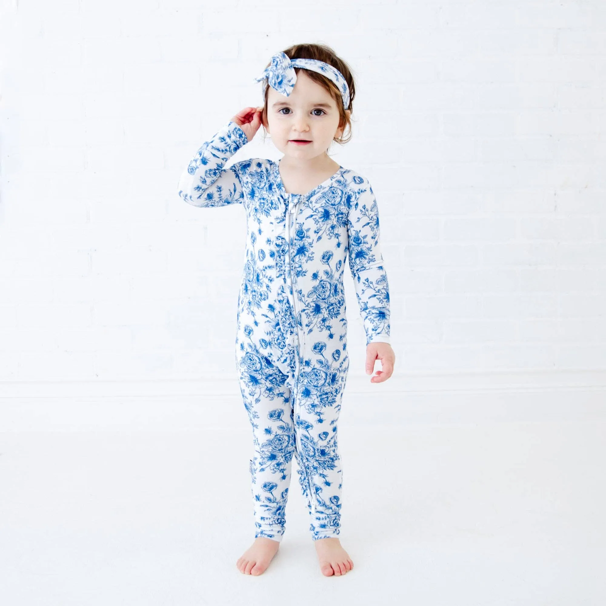 Something Blue Toile Damask Floral Bamboo Baby Pajamas Ruffle Convertible Footie {RTS}