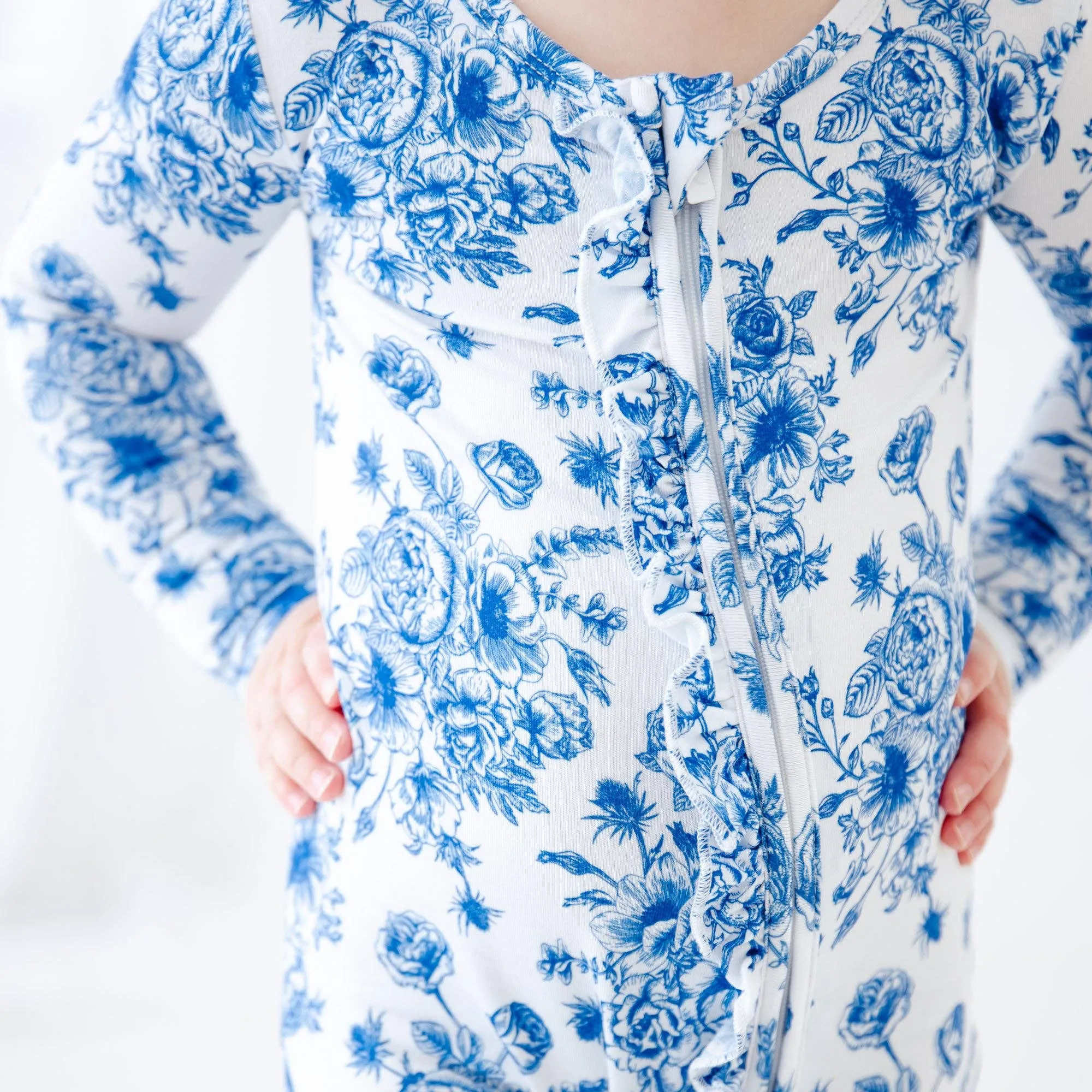 Something Blue Toile Damask Floral Bamboo Baby Pajamas Ruffle Convertible Footie {RTS}