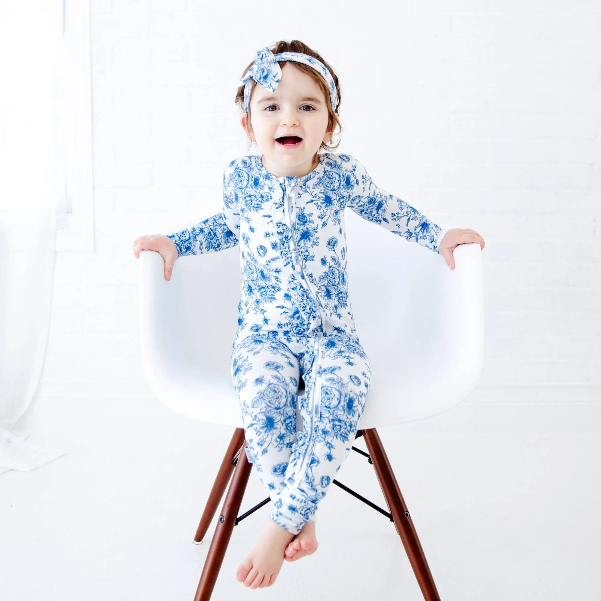 Something Blue Toile Damask Floral Bamboo Baby Pajamas Ruffle Convertible Footie {RTS}