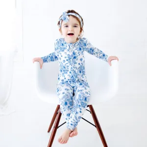 Something Blue Toile Damask Floral Bamboo Baby Pajamas Ruffle Convertible Footie {RTS}