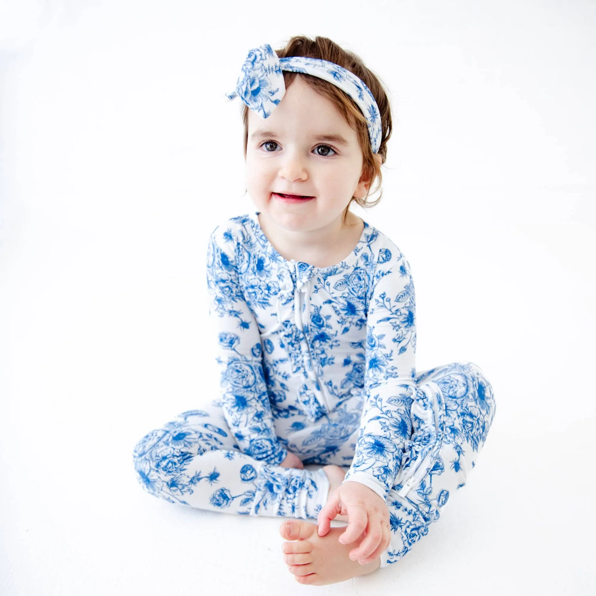 Something Blue Toile Damask Floral Bamboo Baby Pajamas Ruffle Convertible Footie {RTS}