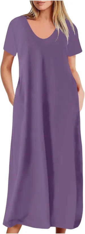 Spring Summer Solid Color Dresses for Women Plus Size Loose V-Neck Swing Pleated Short Sleeve Formal Party Dress