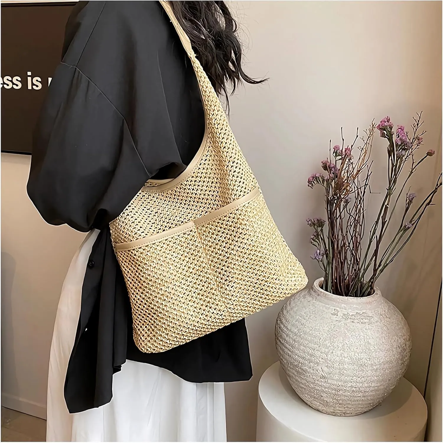 Straw Woven Tote Bag Hobo Beach Bags for Women Handmade Shoulder Bags Stylish and Vintage Hollow Woven Bags Summer