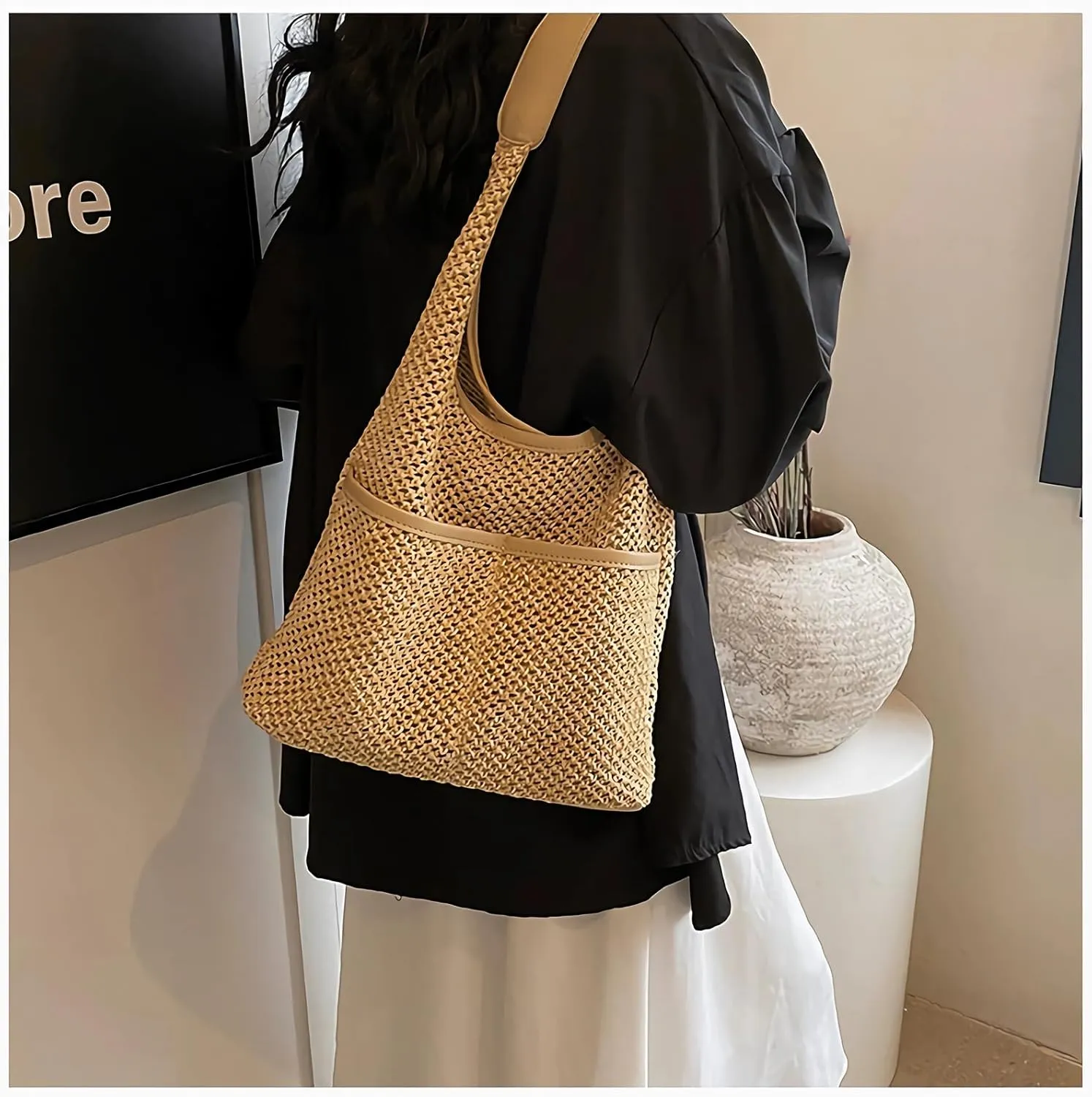 Straw Woven Tote Bag Hobo Beach Bags for Women Handmade Shoulder Bags Stylish and Vintage Hollow Woven Bags Summer